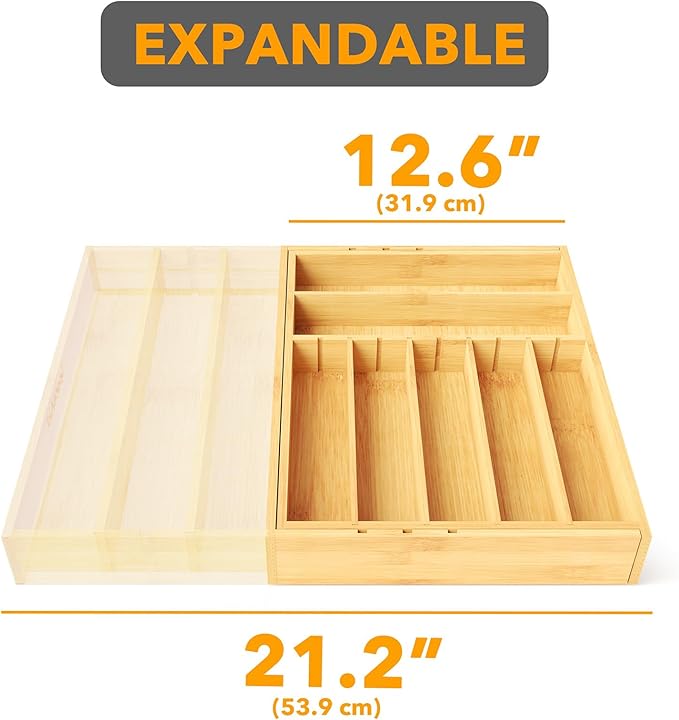 SpaceAid 2.5" High Bamboo Silverware Drawer Organizer with Labels, Kitchen Utensil Expandable Tray Holder for Flatware, Cutlery, Spoon and Knives Drawer Storage Organization (Natural)