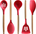 Silicone Cooking Utensils Set 5Pcs Non-Stick Silicone Kitchen Utensils for Cooking, Heat Resistant Kitchen Gadgets Spatula Spoon Turner Set with Wooden Handles for Non-Stick Cookware BPA Free