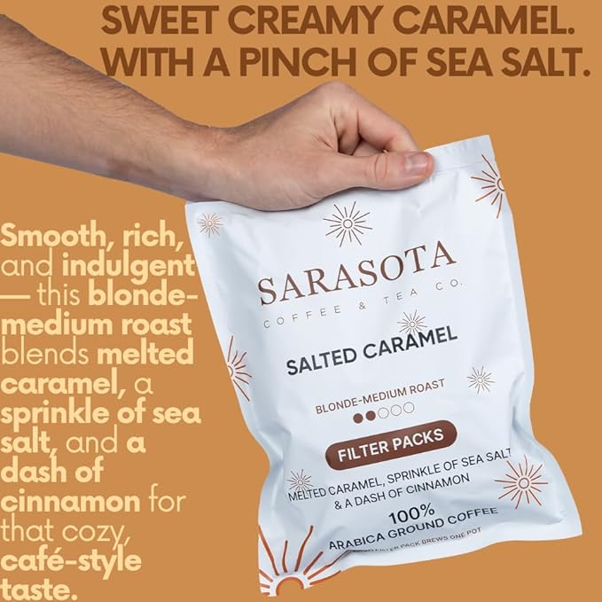 Ground Flavored Coffee In Filter Packs | Salted Caramel | Medium Roast Low Acid Mold Free Pouches | Bulk Packets Gourmet Bags for 10-12 Cup Drip Maker | Highest Rated Individual Premeasured Coffee