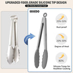 Kitchen Tongs, Set of 3 Stainless Steel Tongs with Silicone Tips Locking Cooking Tongs 600ºF Heat Resistant Tong for Cooking BBQ Grilling Air Fryer Serving Food Salads, 7"+9"+12" Light Grey