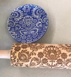 Rolling pin FOLK. Wooden embossing rolling pin with Oriental flowers. Embossed cookies. Pottery. Birthday gift. Gift for mother