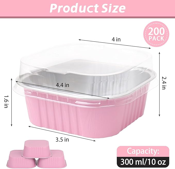 200 Pack 10 oz Pink Square Mini Cake Pans with Lids, Mini Loaf Pans with Lids, Aluminum Foil Square Brownie Baking Cups for Ramekins Muffin Cupcake Wedding Birthday Party