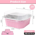 200 Pack 10 oz Pink Square Mini Cake Pans with Lids, Mini Loaf Pans with Lids, Aluminum Foil Square Brownie Baking Cups for Ramekins Muffin Cupcake Wedding Birthday Party