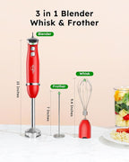 Sangcon Immersion Blender Handheld, 3-in-1 Hand Blender Electric, 400W Handheld Blender, Stainless Steel Blade Stick Blender with Whisk, Milk Frother Attachments - Red