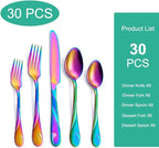 Rainbow Silverware Set for 6, 30-Piece Stainless Steel Flatware Set, Shiny Rainbow Metal Cutlery Set, Include Fork, Knife and Spoon Set, Dishwasher Safe