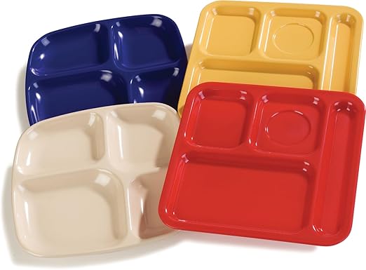 Carlisle FoodService Products Essential Food Tray, 4-Compartment Plastic Cafeteria Tray for Schools, Dining Halls, and Restaurants, Melamine, 10.5 x 9.5 Inches, Cafe Blue, (Pack of 36)