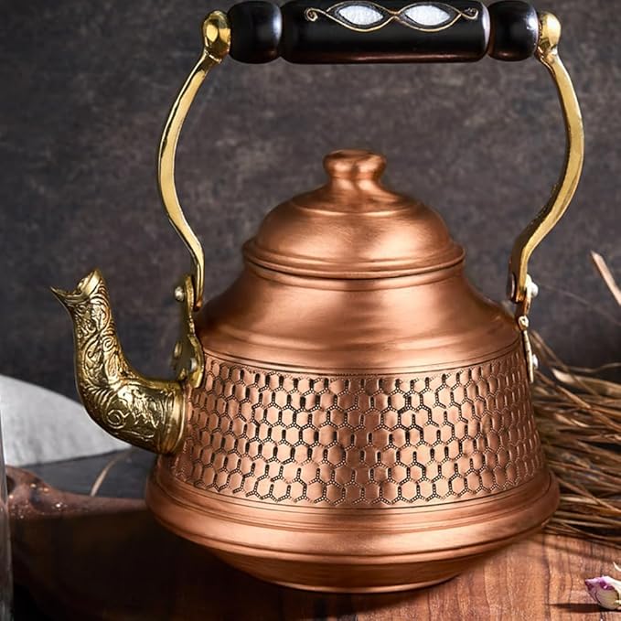 Vintage 100% Pure Solid Copper Turkish Hammered TeaPot Tea Kettle Pot for Stovetop Stove Top Infuser Decorative Fancy Arabic Moroccan Party Serving Kitchen Antique Handmade Unique Style Gooseneck Gift