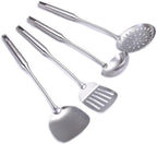 304 Stainless Steel Cooking Utensil Set 4-Piece Kitchen Utensils with Extra-Long Handles, Spatula,Ladle,Slotted Spoon,Slotted Spatula,One-Piece Construction, Ideal for Wok, Grilling, and Gifting