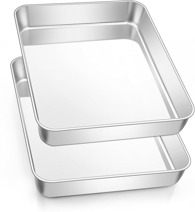 Leonyo Rectangular Cake Pan for Baking, 10.5 x 8 x 2 Inch Stainless Steel Baking Sheet Tray, Deep Lasagna Pan for Toaster Oven, Focaccia, Fish, Chicken, Casserole Dish