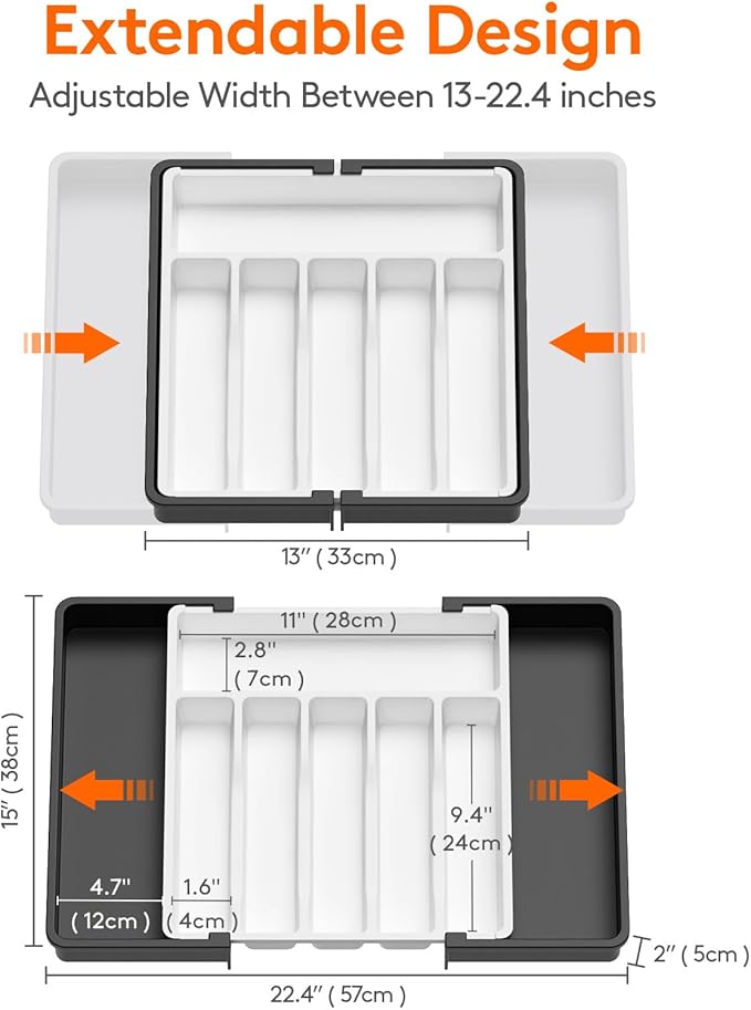 Lifewit Silverware Drawer Organizer, Expandable Utensil Tray for Kitchen, BPA Free Flatware and Cutlery Holder, Adjustable Plastic Storage for Spoons Forks Knives, Large, White&Black