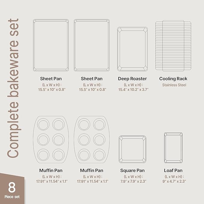 Bakken 8-Piece Ceramic Coated Bakeware Sets, Nonstick Aluminized Steel Pans with Muffin, Loaf, Cake, Roasting Pan, & Cooling Rack, Oven Safe Up To 500°F, Dishwasher Safe, BPA, PTFE & PFAS Free, Cream