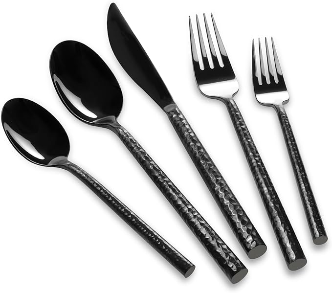 18/10 Stainless Steel Flatware Set Hand Forged Silverware Set Black Cutlery Set Round Hammered Handle Mirror Finished Heavy Duty 20 Pieces Service for 4