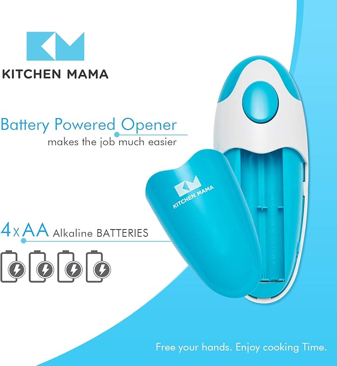 Kitchen Mama Auto Electric Can Opener: Open Your Cans with A Simple Press of Button - Automatic, Hands Free, Smooth Edge, Food-Safe, Battery Operated, YES YOU CAN (Sky Blue)