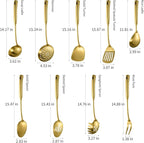 304 Stainless Steel Kitchen Cooking Utensils Set - 9 PCS Serving Utensils, Include Skimmer, Soup Ladle, Spaghetti Server, Wok Spatula, Slotted & Solid Spoon, Slotted Spatula Turner, Meat Fork (Gold）