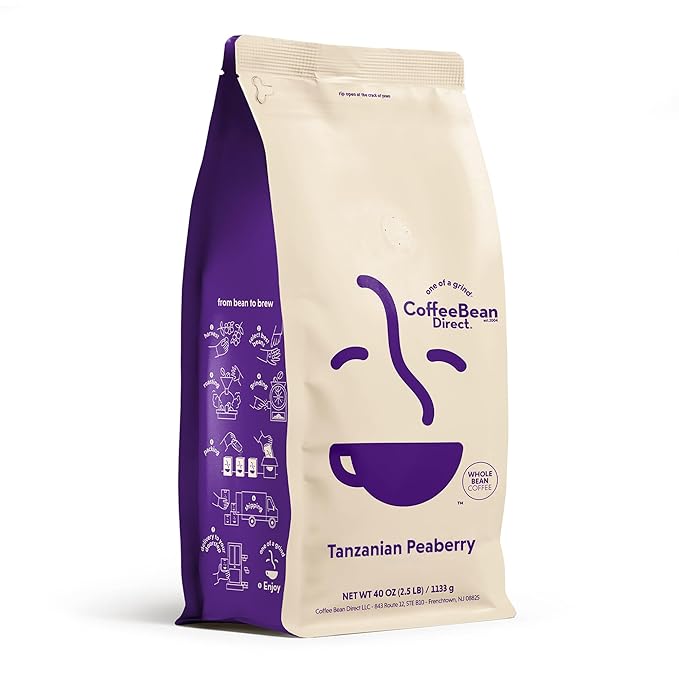 Coffee Bean Direct Tanzanian Peaberry, Whole Bean Coffee, Light Roast, 2.5 Pound Bag (Pack of 1)