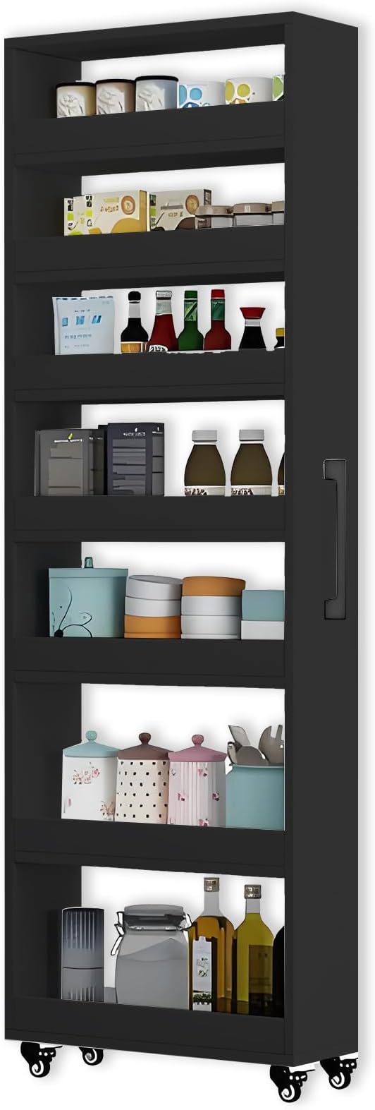 7-Tier Slim Storage Cart, Wooden Rolling Pantry Cabinet with Wheels, Narrow Shelf Organizer for Kitchen, Bakers Rack, Dining Room, Closet, Small Spaces Dark Walnut 47.2" H*9.8" W*16.9" D