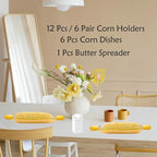 Corn Dishes and Corn Holders Set Kits, PEOUWNES Corn on The Cob Holders, Corn Cob Holders Skewers BBQ Twin Prong Holders, Includes 12 Stainless Steel Corn Holders, 6 Corn Trays and Butter Spreader