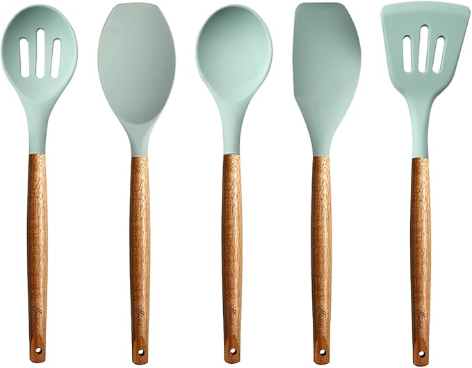 Kitchen Utensils Set, Silicone Cooking Utensils Set,Non-Stick Silicone Spatula Set with Natural Acacia Hard Wood Handle, 5 Piece, Upgraded Thickened Cookware