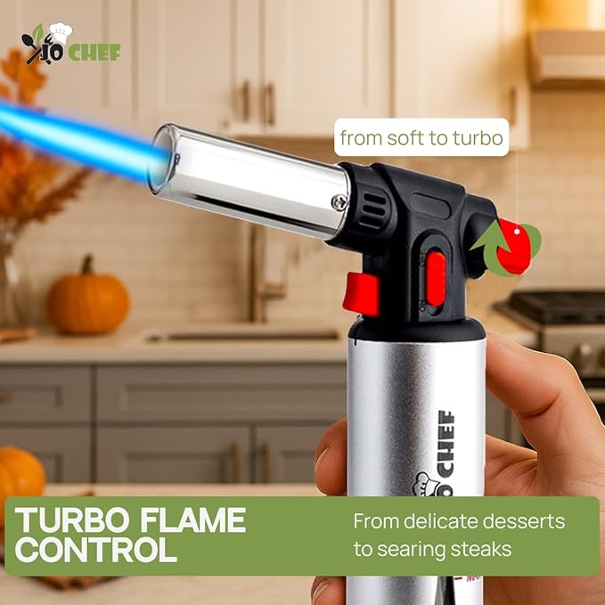 Jo Chef Kitchen Torch with Butane Included – Refillable Lighter with Safety Lock & Adjustable Flame, Blow Culinary Torch for Cooking, BBQ, Creme Brulee, DIY and Soldering - 5 Cans (3.38oz) Included