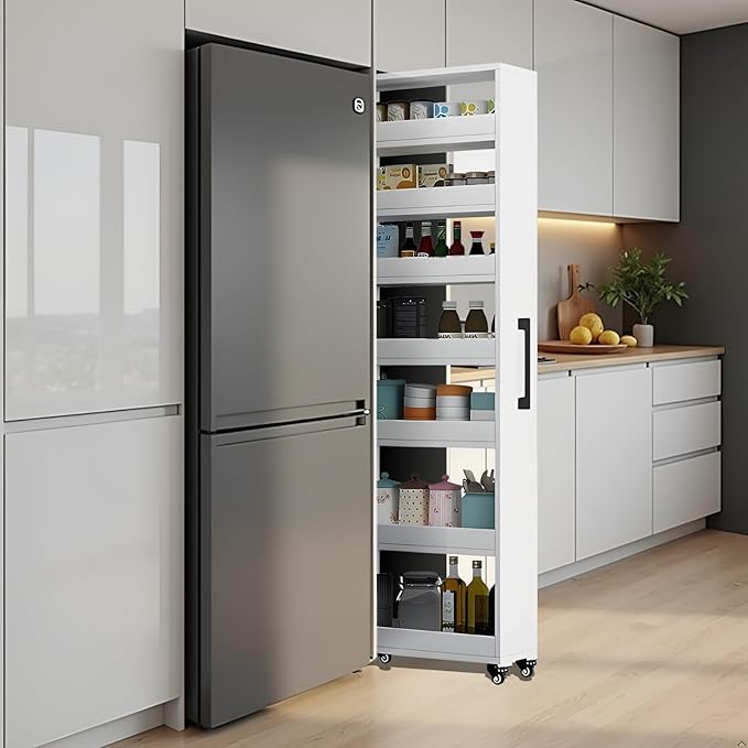 7-Tier Slim Storage Cart, Wooden Rolling Pantry Cabinet with Wheels, Narrow Shelf Organizer for Kitchen, Bakers Rack, Dining Room, Closet, Small Spaces Light Walnut 47.2" H*7.8" W*16.9" D