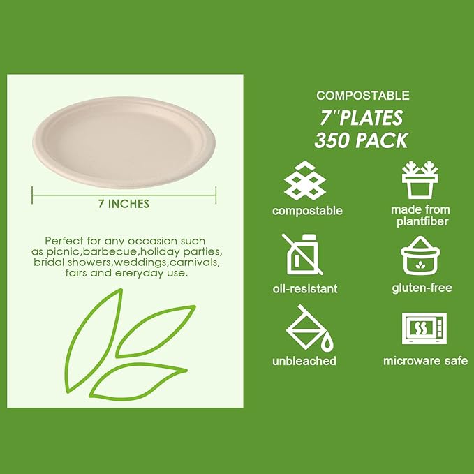 Vplus 350 Pack Paper Plates 7 inch 100% Compostable, Heavy-Duty Disposable Paper Plates Bagasse Natural Biodegradable Eco-Friendly Sugarcane