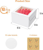 Small Cake Boxes 8 Inch with Window, 10 Set Bakery Boxes with Cake Boards & Stickers, Cupcake Box for Birthday, Party, Wedding, Mother's Day, Valentine's Day, Christmas（8x8x5 inch）