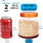 SAIOOL Large Capacity Screw Glass Food Storage Jars (Set of 2) - Diam 15cm x H16cm 2000ML Kitchen Canisters for Flour, Rice, Pasta, Leakproof Design with Yellow Wood Lid & Accessories