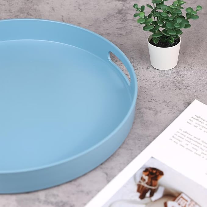 Round Blue Decorative Serving Tray with Handles, 13” Versatile Ottoman Tray for Coffee Table, Entertaining, Outdoor Patio, Living Room