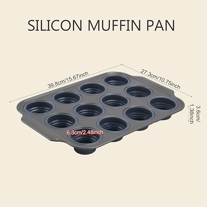 Silicone Muffin Pan, 12 Cups Cupcake Pans with Metal Frame Nonstick Muffin Tins Easy to Pop Out for Baking Cupcake Egg Bites BPA-free Cupcake Pan Mold (12 Cups Grey)