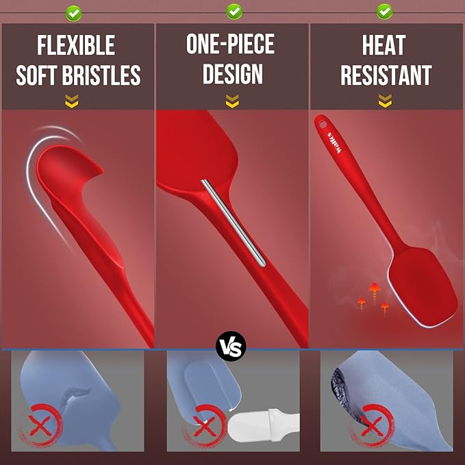 Walfos Silicone Spatula - 600°F High Heat Resistant Kitchen Spoon Spatulas, Strong Steel Core & One-Pieces Seamless Design, Perfect for Cooking Mixing & Baking - BPA Free & Dishwasher Safe 2 Set, Red
