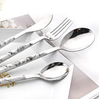 20 Piece (4 Set) Silver Stainless Steel Tableware With White Marble Handle, Wedding Cutlery And Daily Use, Silverware For Home Restaurant Party, Mirror Finished