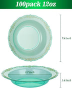 100 Pack Clear Green Plastic Bowls with Gold Rim, 12oz Plastic Salad Bowl, Disposable Bowls for Party, Dinners, Weddings, Christmas, Thanksgiving
