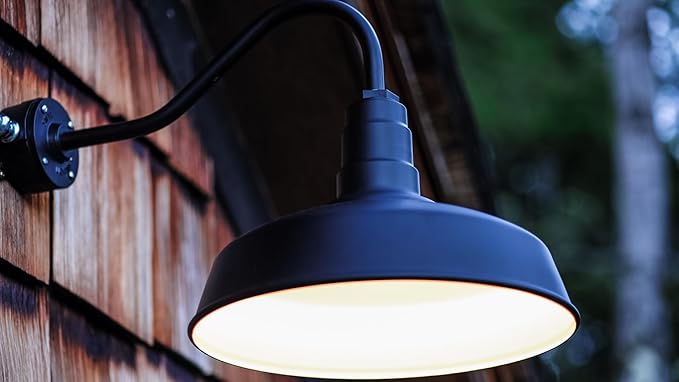 Steel Lighting Co. Gardena Barn Light | Outdoor Wall Mounted | 16" Dome | Upward Sloping Gooseneck | Farmhouse Light Made in America | Hunter Green Exterior/Brass Interior