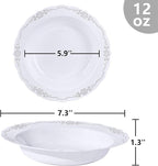 DaYammi 30 Pack Plastic Bowls with Silver Rim, 12oz Disposable Soup Bowls, Heavy Duty Dinner Bowls for Weddings, Parties, Dinners, Catering and Everyday Use