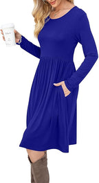 DB MOON Women Casual Long Sleeve Dresses Empire Waist Knee Length Loose Dress with Pockets