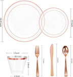 bUCLA 300PCS Clear Rose Gold Plastic Dinnerware - Rose Gold Disposable Dinnerware Set Include 50 Dinner Plates,50 Dessert Plates,50 Knives,50 Forks,50 Spoons,50 Cups for Party, Wedding & Mother’s Day