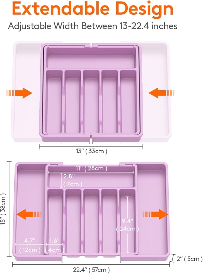 Lifewit Silverware Drawer Organizer, Expandable Utensil Tray for Kitchen, BPA Free Flatware and Cutlery Holder, Adjustable Plastic Storage for Spoons Forks Knives, Large, Purple