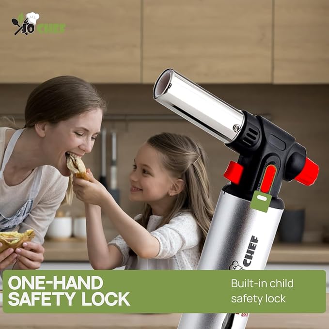Jo Chef Kitchen Torch with Butane Included – Refillable Lighter with Safety Lock & Adjustable Flame, Blow Culinary Torch for Cooking, BBQ, Creme Brulee, DIY and Soldering - 5 Cans (3.38oz) Included