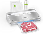 Bonsenkitchen Vacuum Sealer Machine, Stainless Steel Food Sealer Vacuum Sealers with 30 Bags & 1 Roll, 5 Food Vacuum Modes, Built-in Cutter & Bag Storage (White Silver)