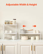 VEVOR Adjustable Kitchen Cabinet Shelf Organizer, Expandable 2 Tier Cabinet Shelf, Stackable Countertop Organizers and Storage Risers, Pantry for Kitchen Bathroom Office, White