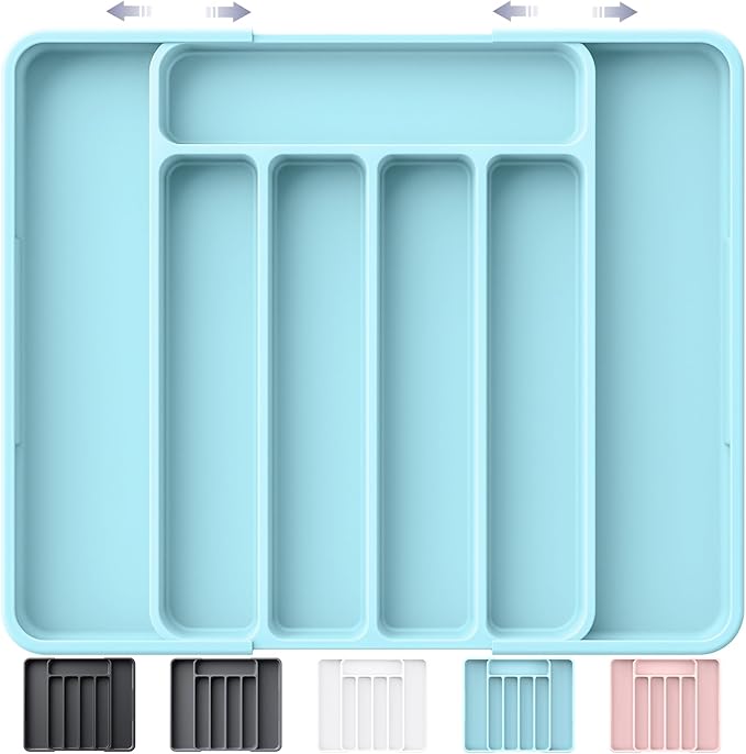 Kitsure Cutlery Drawer Organiser for Kitchen - Adjustable Cutlery Tray for Effortless Utensil Sorting, Versatile Kitchen Storage & Organisation Solution, 12.13" x 1.54" x 8.07"~13.90", Blue