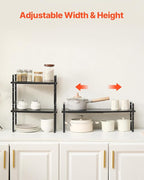 VEVOR Adjustable Kitchen Cabinet Shelf Organizer, Expandable 2 Tier Cabinet Shelf, Stackable Countertop Organizers and Storage Risers, Pantry for Kitchen Bathroom Office, Black