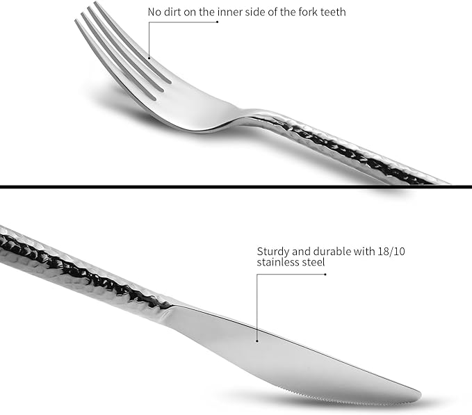 18/10 Stainless Steel Flatware Set Hand Forged Silverware Set Cutlery Set Round Hammered Handle Mirror Finished Heavy Duty 20 Pieces Service for 4