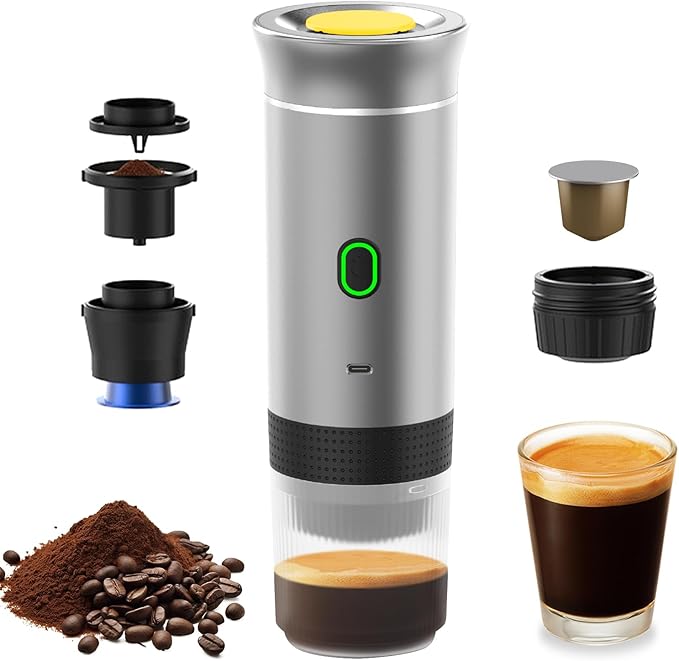 Decdeal Cordless Coffee Machine for Car Home Travel 3 in 1 Electric Coffee Maker Work With Capsule and Ground Coffee 15Bar Mini Cold Brew and Heating Coffee Maker with 150ml Cup
