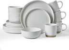 Famiware Milkyway Dinnerware Set with Mugs, Service for 4 (16pcs), Ribbed Stoneware Plates and Bowls Dishes Sets - Chip & Scratch Resistant, Microwave & Dishwasher Safe, Light Gray