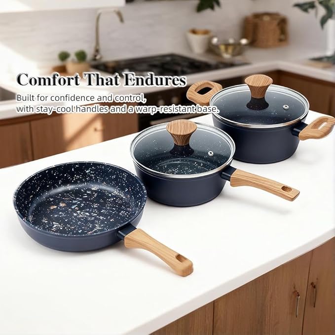 3-Piece Nonstick Pots and Pans Set with Lids, Includes 8.5 Inch Frying Pan 1.5Qt Saucepan and 2.2Qt Stock Pot, PFOA Free Dishwasher Safe Induction Compatible Family Cookware, Black
