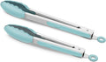 9-Inch & 12-Inch Cooking Tongs, Premium Silicone Set of 2 BPA Free Non-Stick Stainless Steel BBQ Grilling Locking Food Tong, Aqua Sky