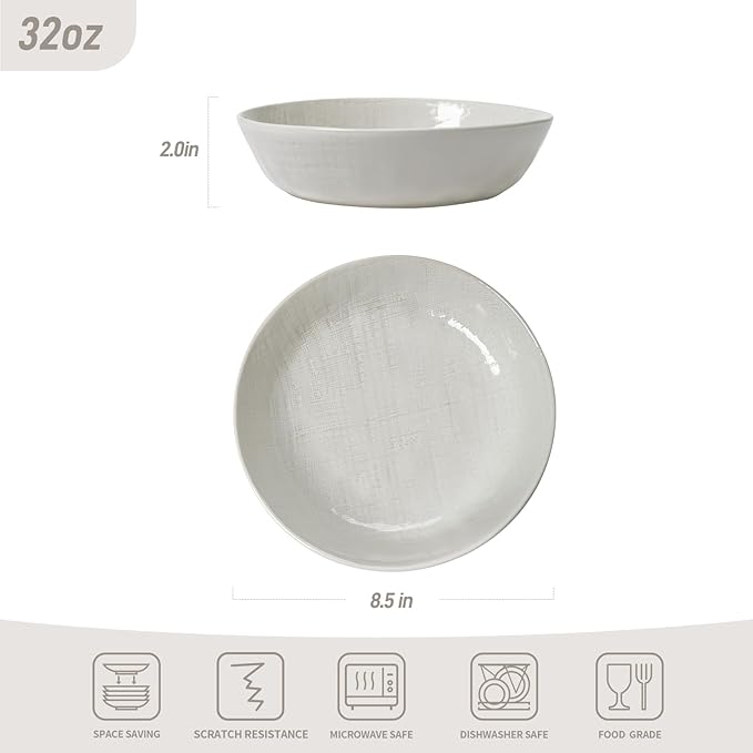 famiware Moonlight 8.5 Inch Pasta Bowls Set of 4, 32oz Serving Bowls for Kitchen, Soup Bowl with Linen Finish, Large Stoneware Bowls for Festivals, Housewarming, Dinnerware, White