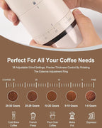 Lamido Portable Electric Coffee Grinder with Ceramic Conical Burr - 38 Adjustable Grind Settings -1500 mAh Battery Rechargeable - Auto-Stop - Washable for Espresso, Pour Over - Travel, Camping (White)
