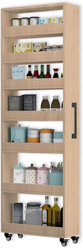7-Tier Slim Storage Cart, Wooden Rolling Pantry Cabinet with Wheels, Narrow Shelf Organizer for Kitchen, Bakers Rack, Dining Room, Closet, Small Spaces Light Walnut 47.2" H*7.8" W*16.9" D